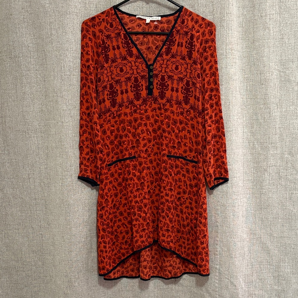 Veronica Beard Silk Floral Leopard Print Shift Dress with Pockets